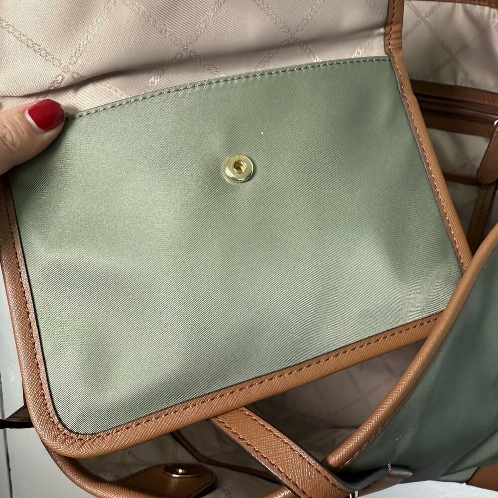 Michael Kors Eva Large Nylon Leather Tote Wh Match Pouch Army Green Timeless - Picture 6 of 16